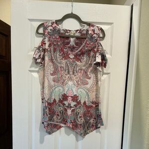 World Unity L Top White Paisley Cold Shoulder Short Sleeve V Neck #3